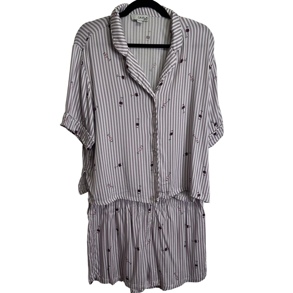 Como Sleep Pajama Set Womens L Purple Striped‎ Wine Glass Print Short Sleeve
